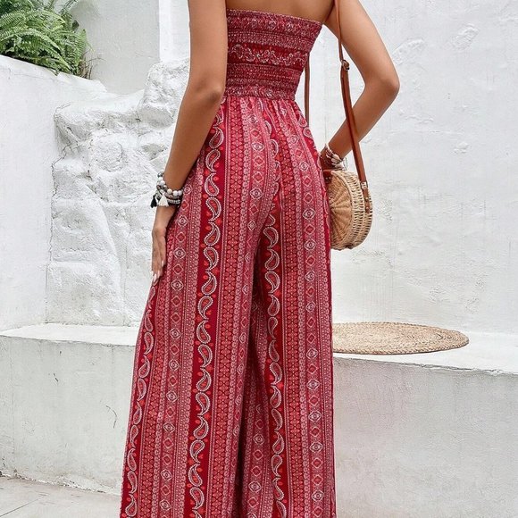 Red Boho  Paisley Print Split Thigh Tube Jumpsuit - Picture 4 of 6